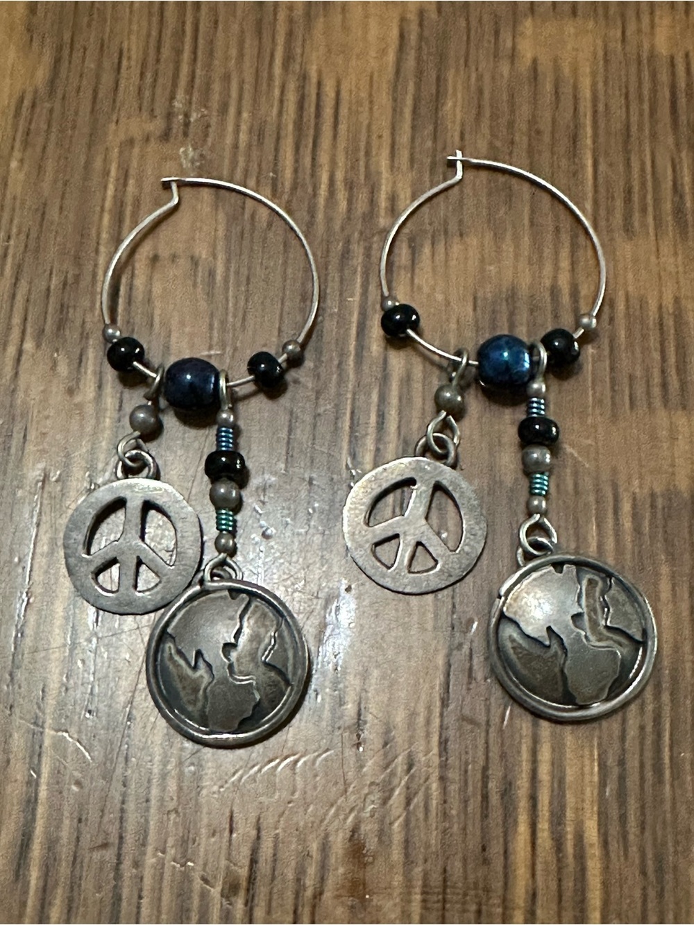 Boho Silver-Tone Peace & Earth Hoop Earrings - Unbranded